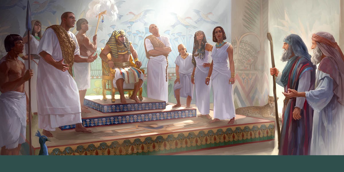Moses and Aaron appearing before Pharaoh and members of the Egyptian royal court.