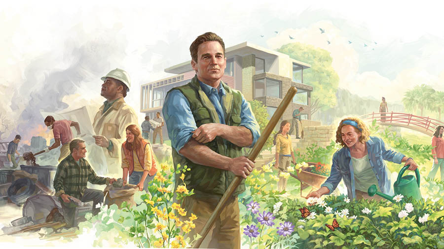 Collage: People transforming the earth into a paradise. 1. Cleaning up debris. 2. Building houses and walkways. 3. Cultivating gardens.