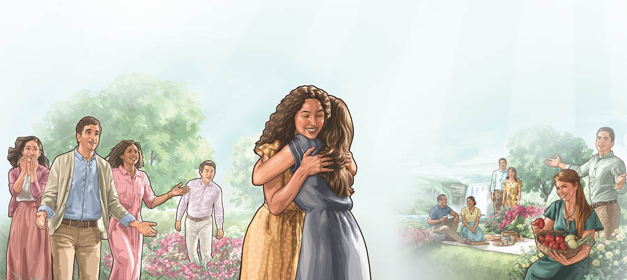 Collage: People enjoying blessings in Paradise. 1. A sister hugs a resurrected one. 2. They enjoy plenty of food, a clean earth, and peace.