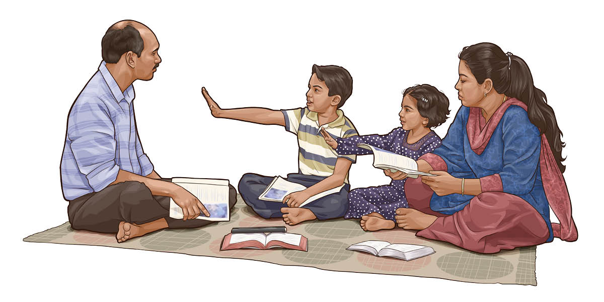 Children motioning ‘No!’ during a practice session where their parents are teaching them to protect themselves.