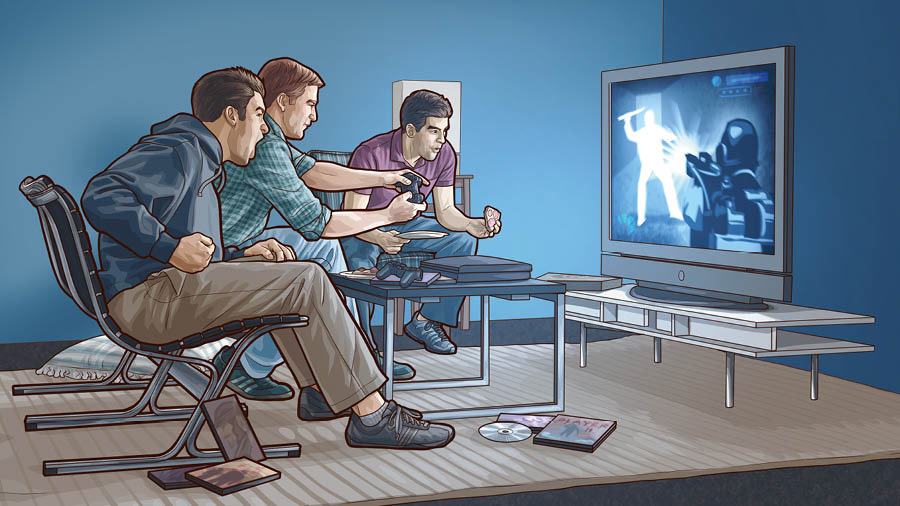 Three young men enthusiastically playing a violent video game.