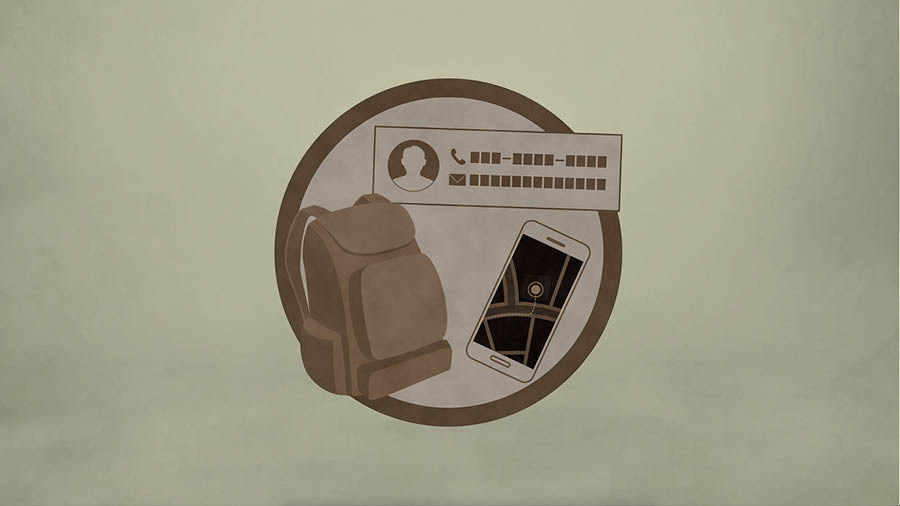 A scene from the video ‘Are You Prepared for a Natural Disaster?’ Graphic shows an emergency kit, contact information, and a map depicting where a family will meet in case of an emergency.