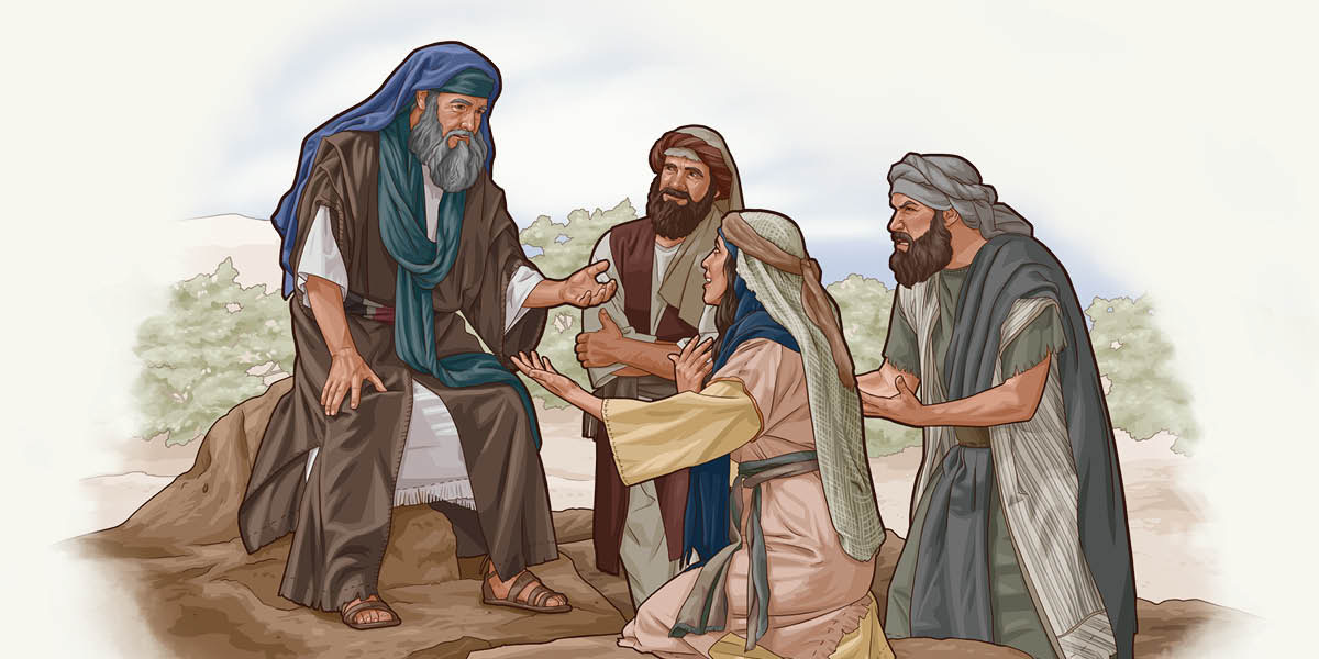 Moses carefully listening to a woman and a man as each pleads a case. Another man observes.