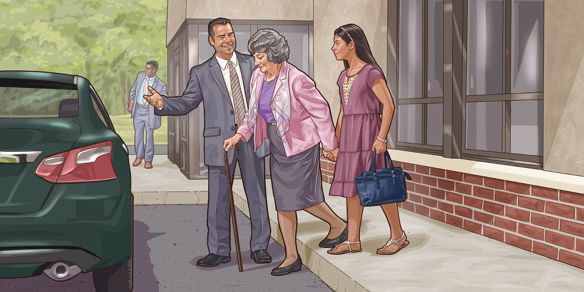 A brother assisting an older sister to a car after a meeting as a young sister walks with her.