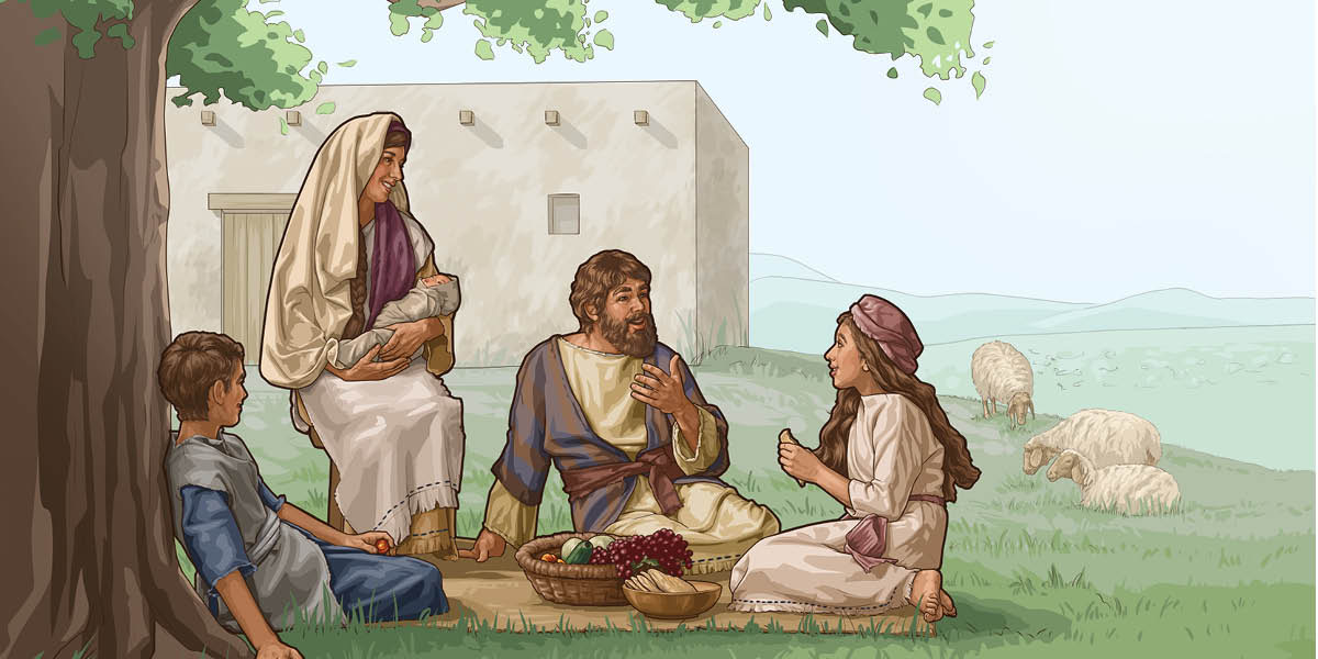 An Israelite family sitting under a tree outside their home and conversing happily. Sheep graze nearby.