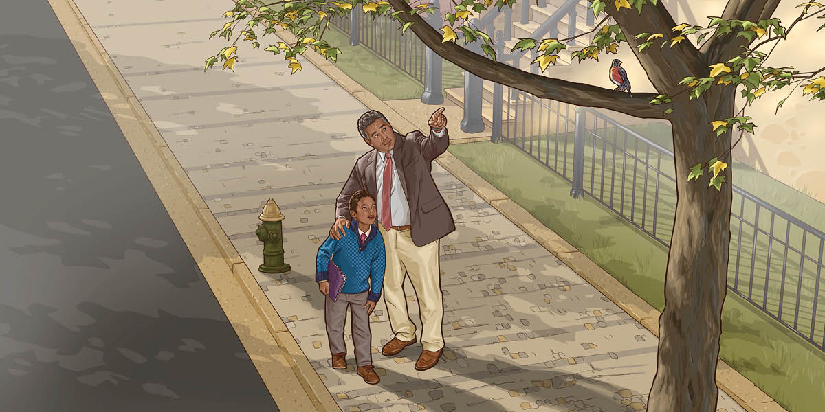 A father pointing out a bird perched in a tree to his son while they preach from house to house.