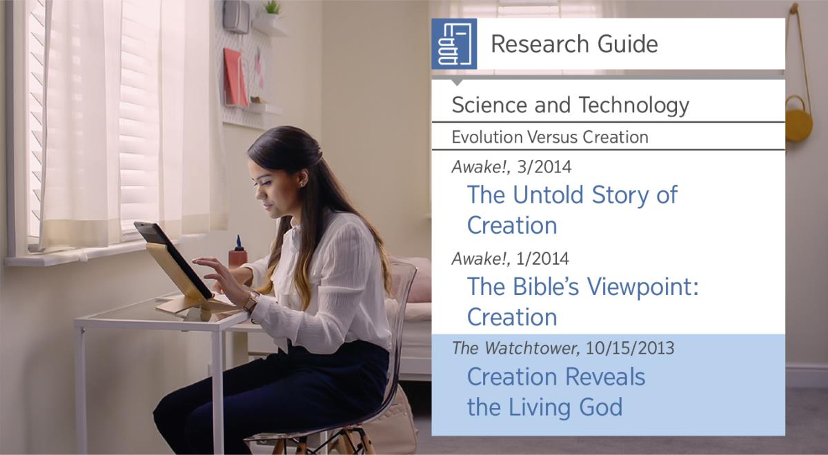 A scene from the video “Experience the Joy of Disciple-Making​—Accept Jehovah’s Help—​Using Research Tools.” Neeta uses the “Research Guide” to look up information on creation.
