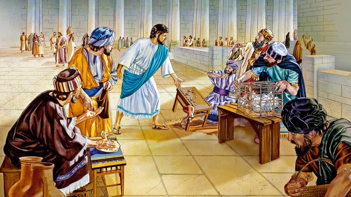 Jesus overturning the tables of money changers at the temple.