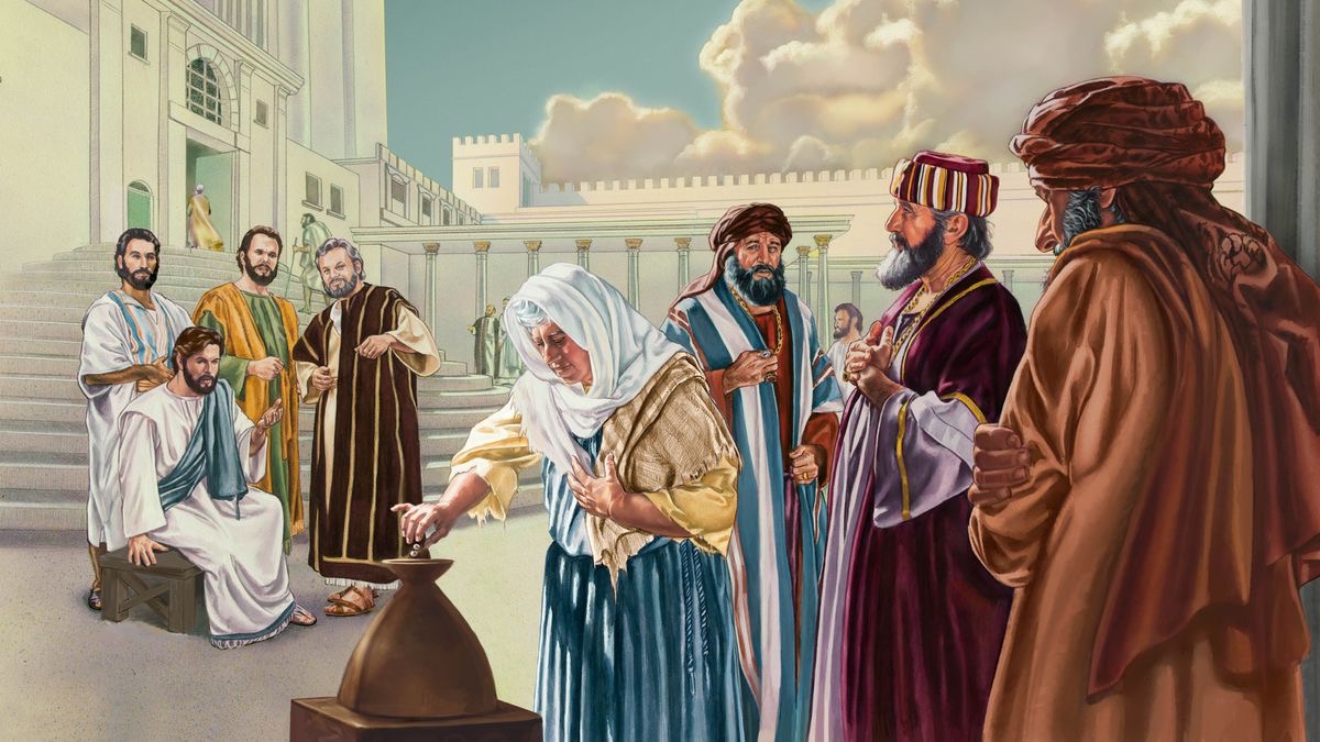 Jesus and his apostles observing a poor widow as she drops two small coins into the temple treasury chest.