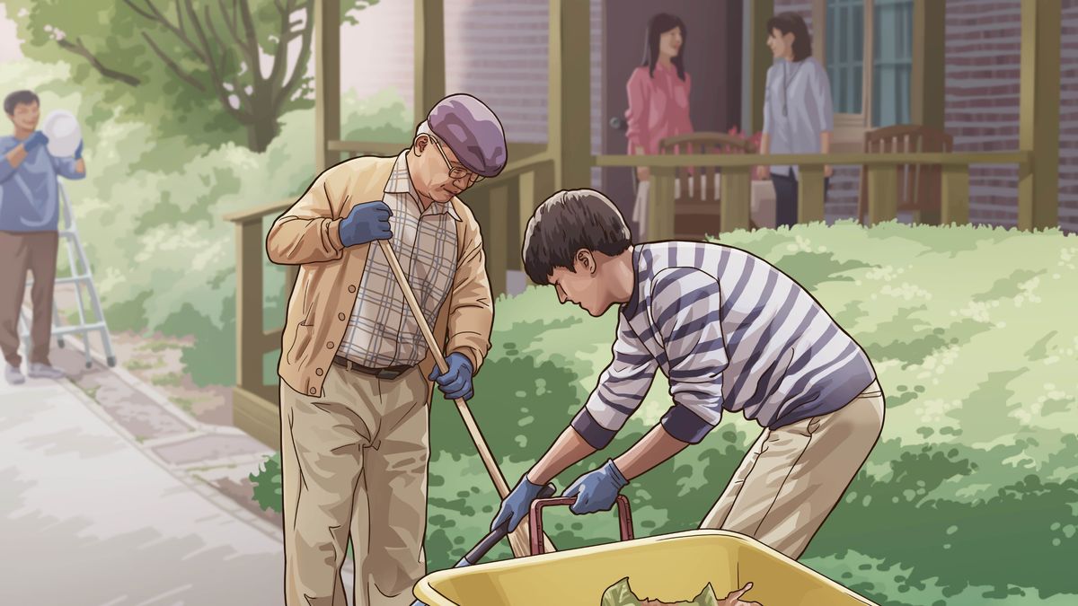A scene from the video “Work What Is Good Toward Our Brothers.” Brothers and sisters help Brother Ho-jin Kang to do some maintenance work outside his home.