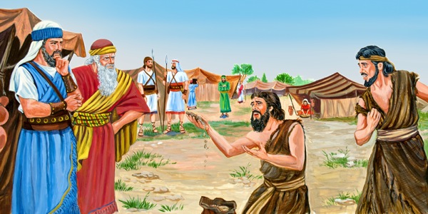 Gibeonites in the camp of Israel show Joshua their ragged clothes and old dry bread