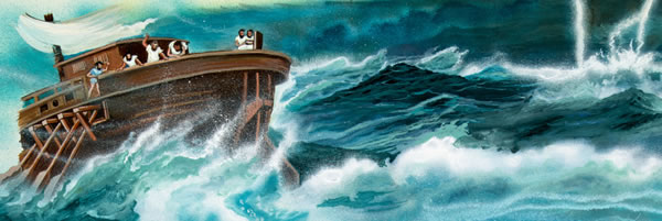 Sailors look over the side of the boat after Jonah is thrown into the sea