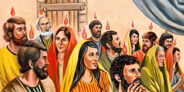 Tongues of fire appear above the heads of the disciples