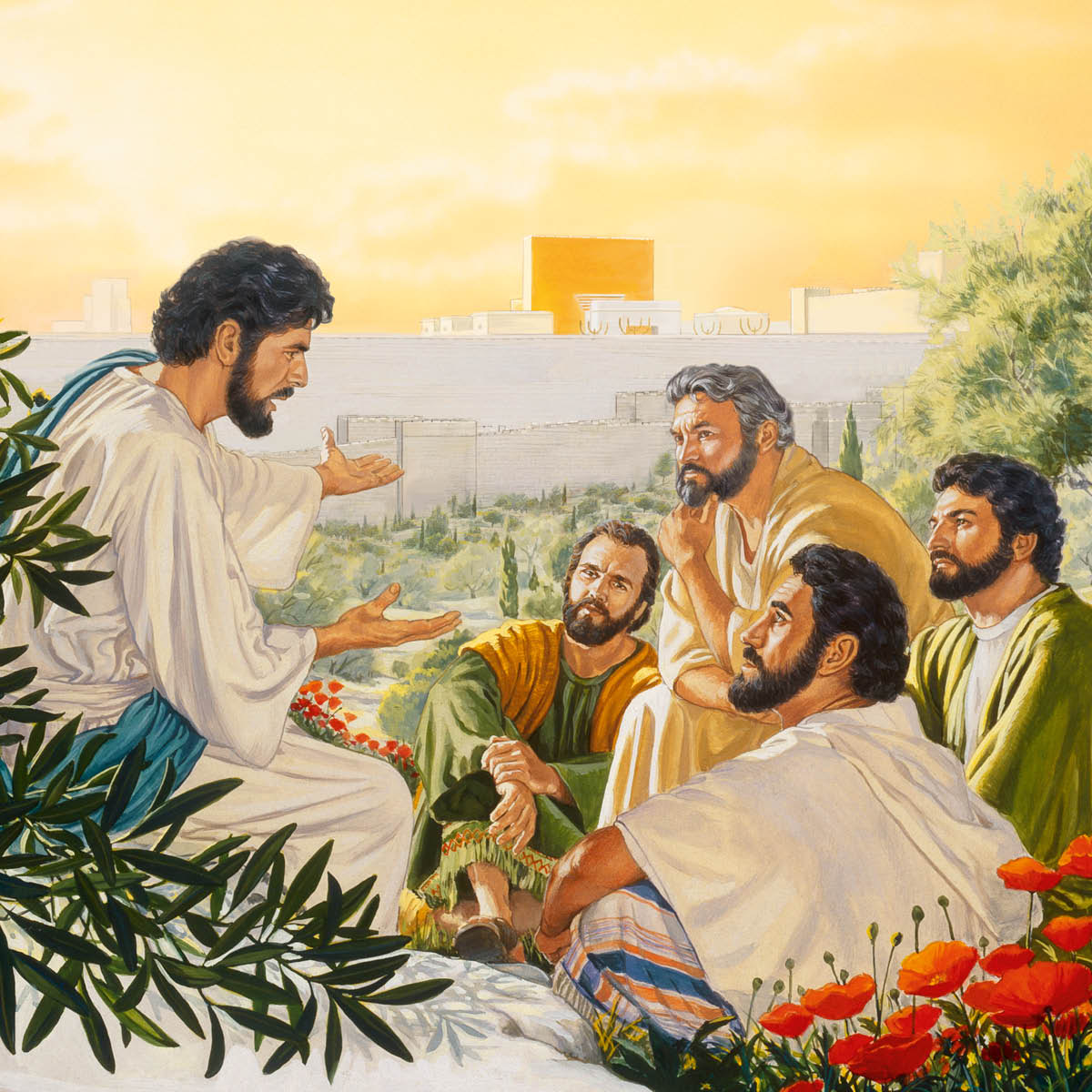 Jesus talking to some of his apostles on the Mount of Olives. The temple stands in the background.