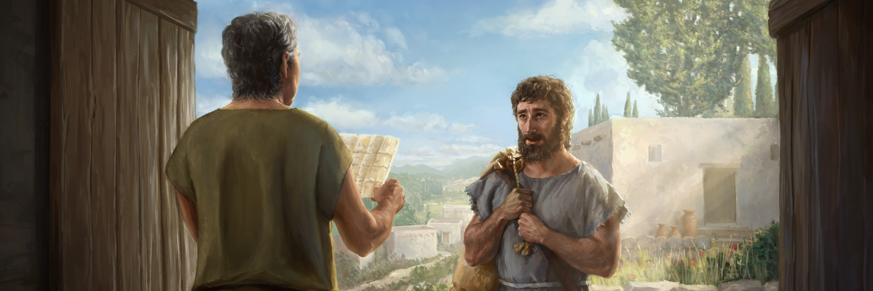 On God’s promised paradise earth, a father planting a tree with his son nearby