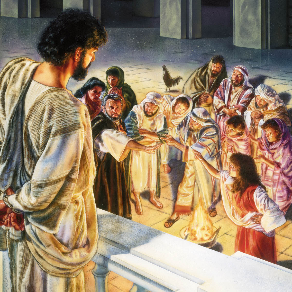 Jesus watching from a balcony as Peter denies him to people gathered in a courtyard.