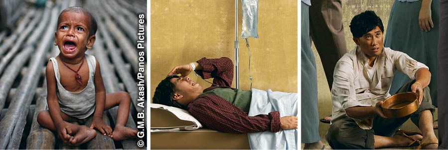 A malnourished child; a sick man; a man holding an empty bowl