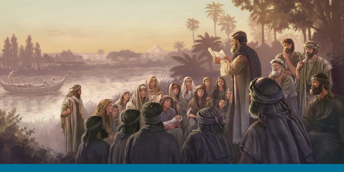 Jewish men, women, and children listening to the reading of a scroll by a river. The city of Babylon is in the background.