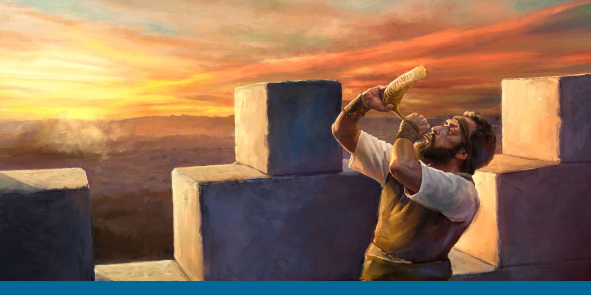 A watchman standing on the walls of Jerusalem, blowing a horn.