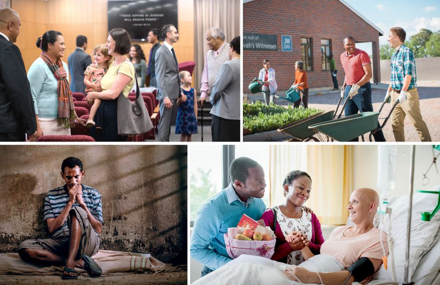 Collage: Worshippers of Jehovah. 1. Brothers and sisters enjoying association at a Kingdom Hall. 2. Brothers and sisters helping with the maintenance of a Kingdom Hall. 3. A brother praying while in prison. 4. A couple visiting a sister who is very ill at a hospital.