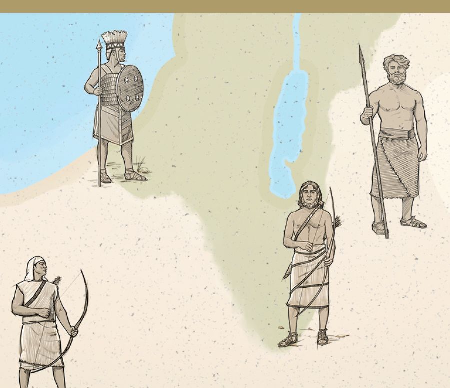 A portion of a map indicating the nations, depicted by their warriors, surrounding Jerusalem.