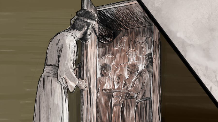 Ezekiel looking into the inner courtyard of the temple, where elders are offering incense to representations of false gods, carved on the wall.