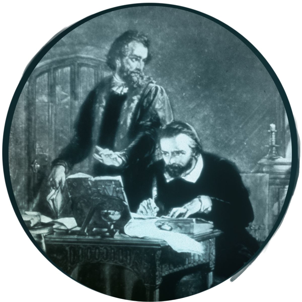 William Tyndale translating the Bible.