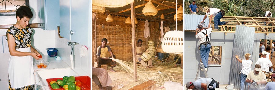 A woman washes vegetables; men make straw baskets; men and women work on a construction project