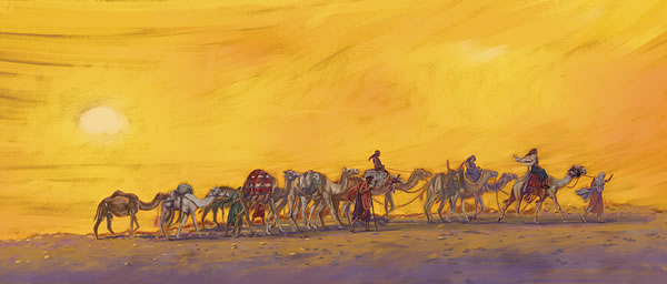 Rebekah and her attendants riding on camels