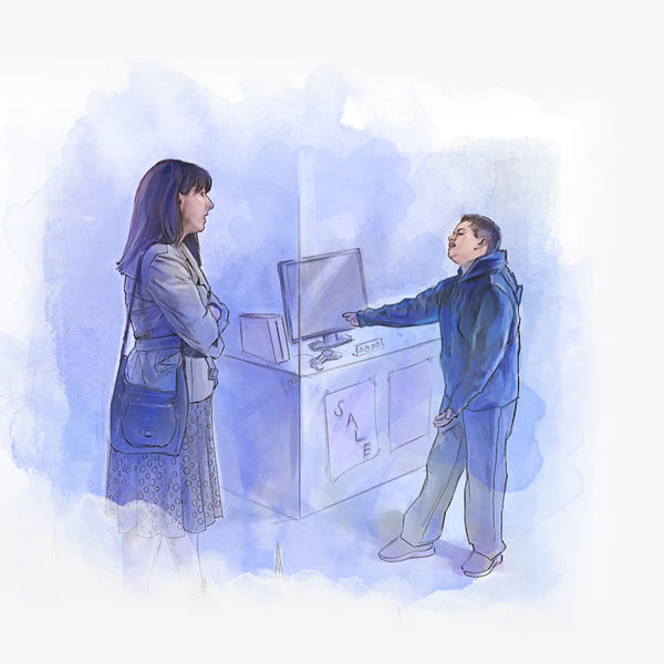 A son begging his mother for a computer