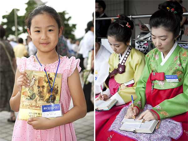 1. A Korean girl holding a new Bible publication; 2. Two Korean women taking notes at a convention