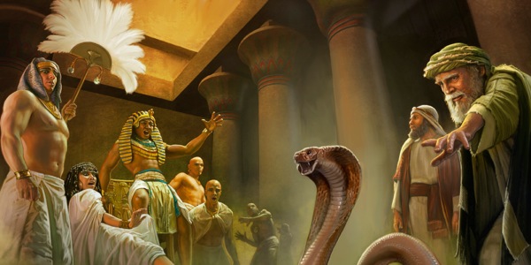 Moses’ rod turns into a snake before Pharaoh and the Egyptian court