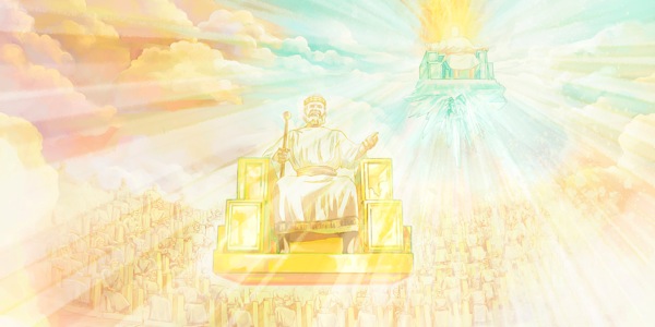 Jehovah God, Jesus, and the 144,000 seated on thrones in heaven