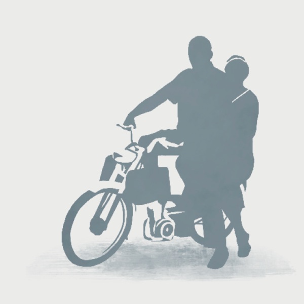 A missionary couple gets on a motorcycle