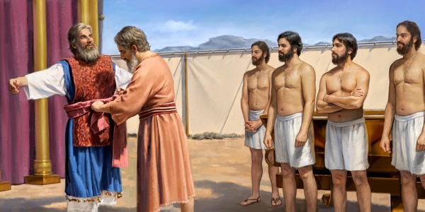 Moses dresses Aaron in the High Priest’s garments as Aaron’s four sons look on