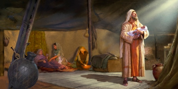 Abraham holds his newborn son, Isaac, while women care for Sarah