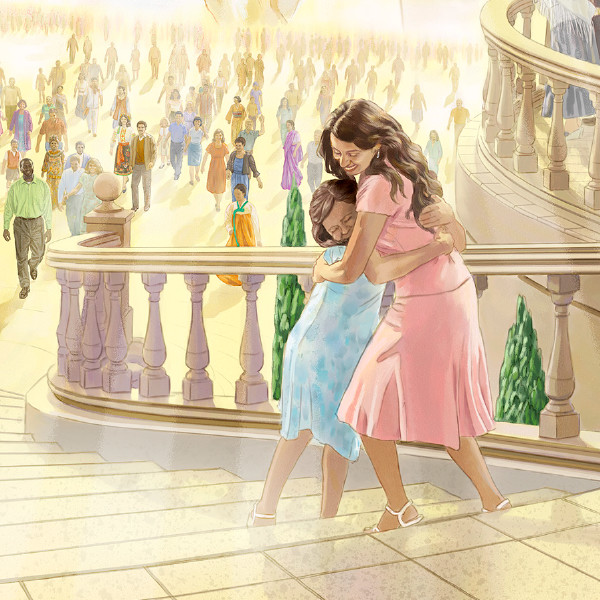 In the future paradise, a woman embraces a little girl who has been resurrected