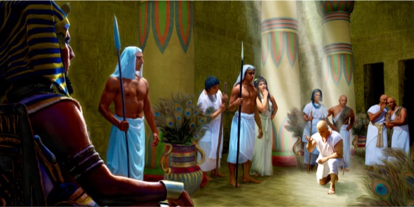 Joseph bowing before Pharaoh in the court of the royal palace