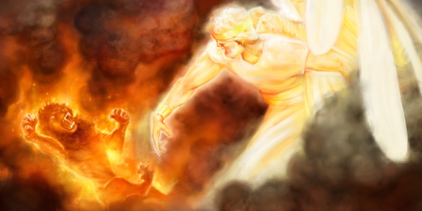The glorified Jesus Christ hurls Satan, depicted as a roaring lion, to destruction