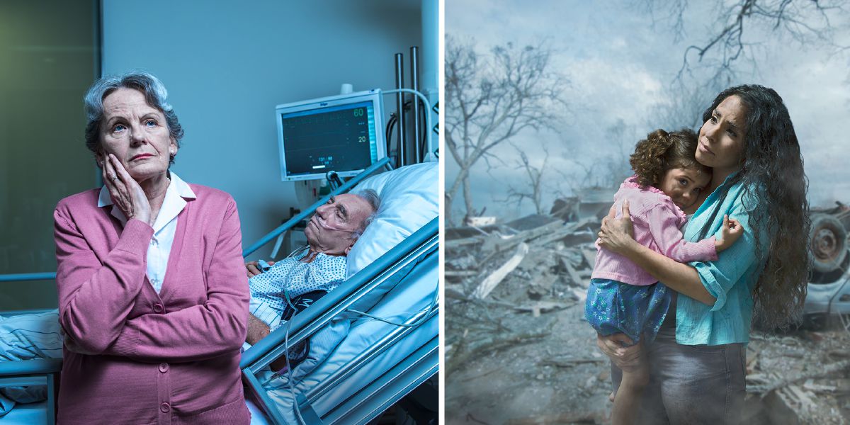 1. A distraught sister beside her husband’s hospital bed; 2. A sister clutches her daughter after a storm destroyed their home