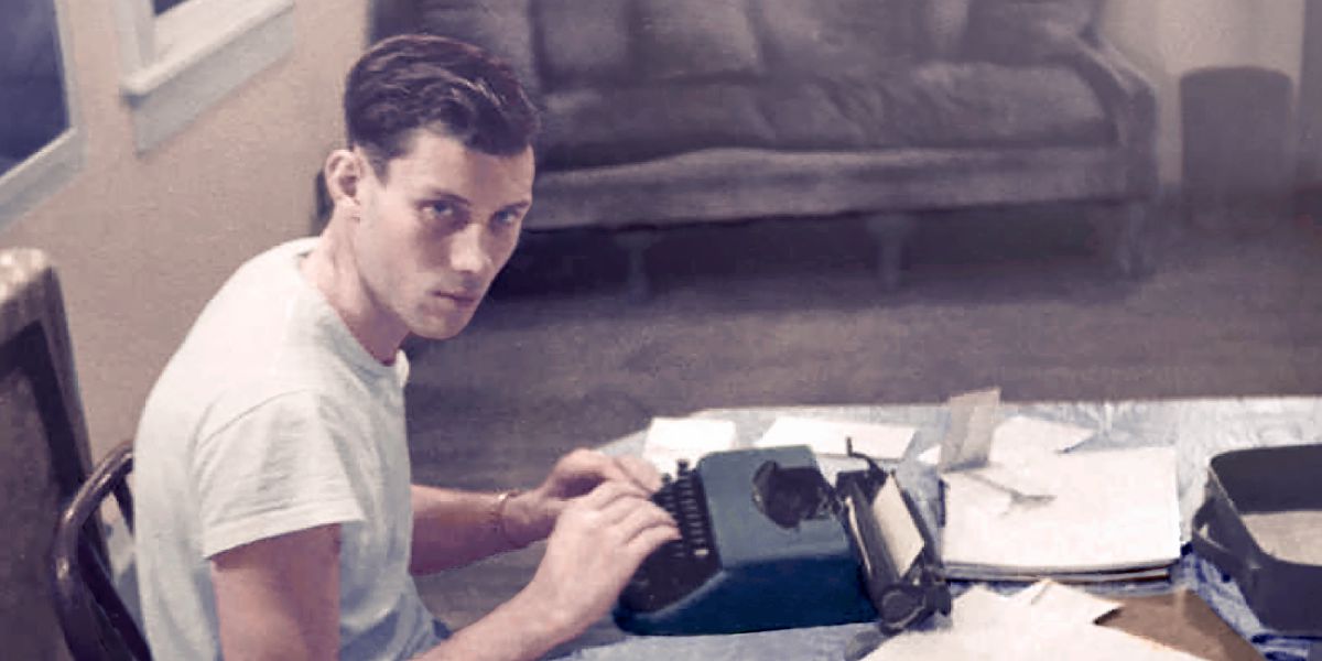 William Samuelson as a young man using a manual typewriter
