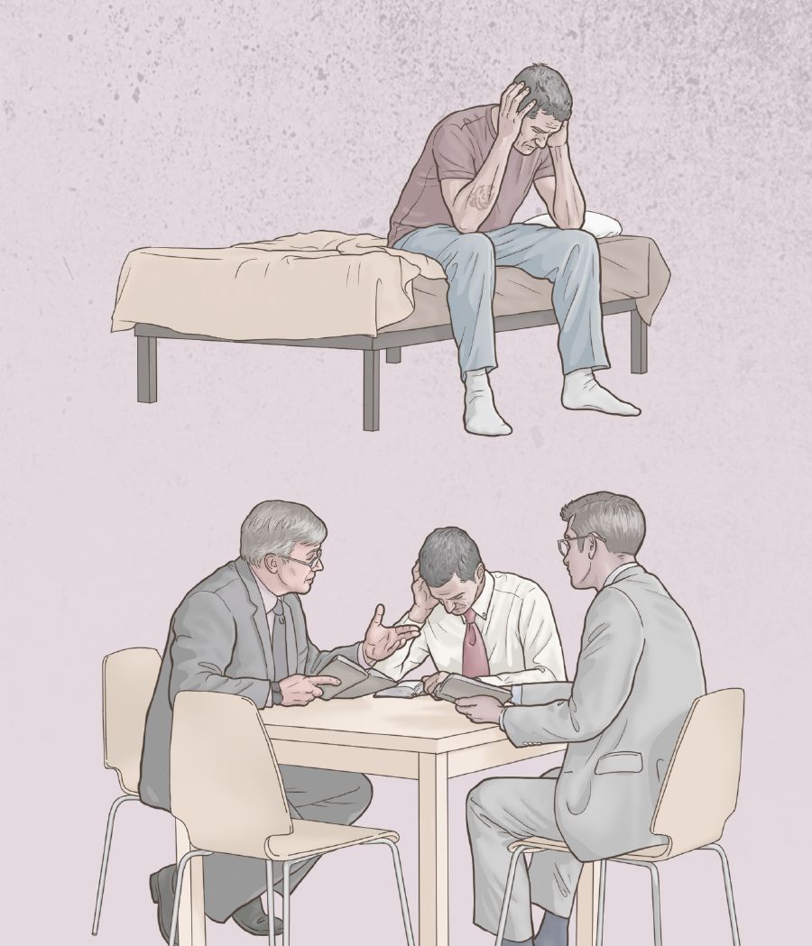 A brother sits on his bed, distraught because of his sin, but later he meets with two elders