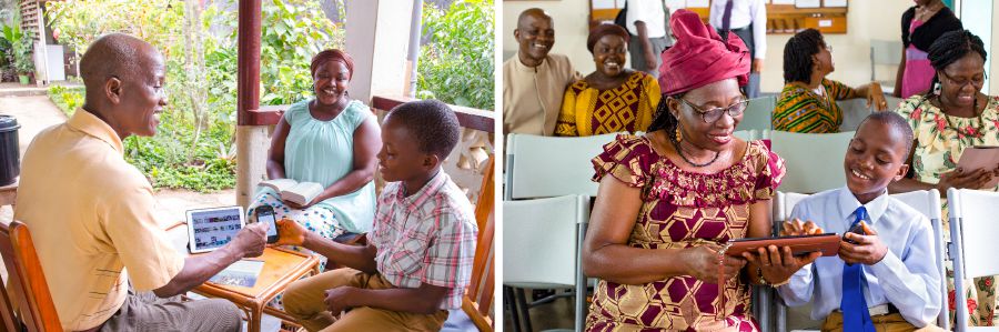 A father and son use electronic devices during family worship; parents are happy to see their son help a sister with her electronic device at a congregation meeting