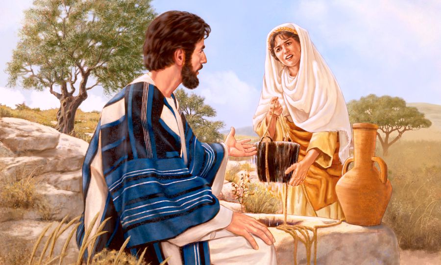 Jesus talks to a Samaritan woman at a well