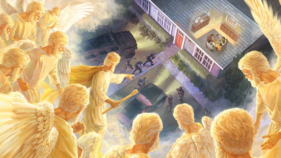 Angels watch as policemen approach a house where a family of Jehovah’s people is gathered around a table