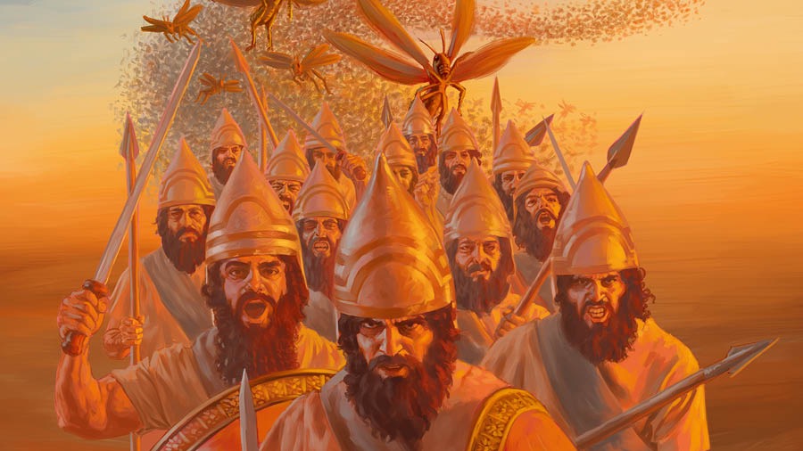 Babylonian soldiers holding their swords and spears. A swarm of locusts behind them.
