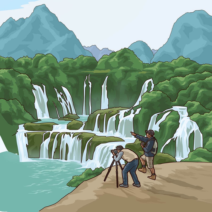 A photographer taking pictures of waterfalls and mountains.