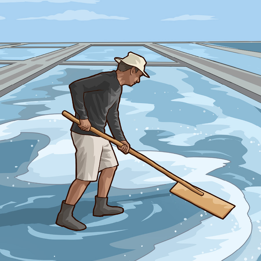 A man drying out seawater to collect salt.