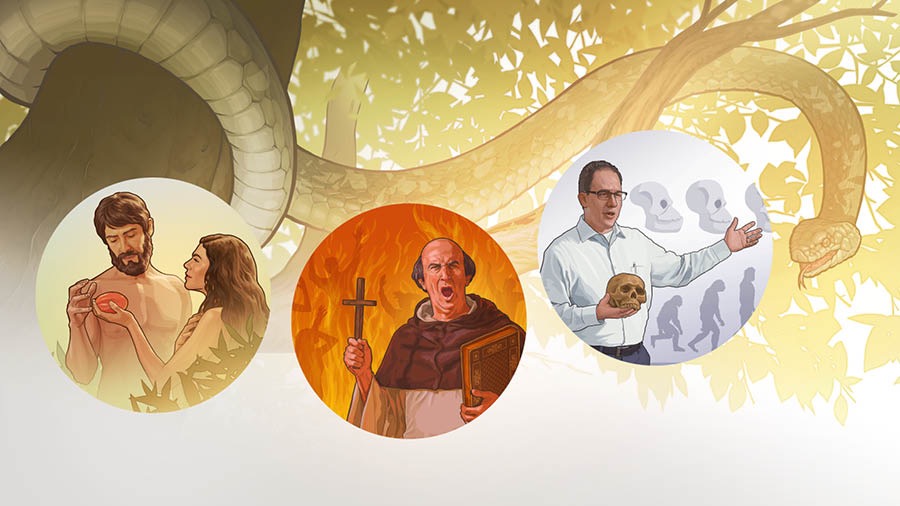 A serpent wrapped around a tree. Collage: 1. Eve offers the forbidden fruit to Adam. 2. A religious leader holds up a cross and a Bible while giving a sermon. There are silhouettes of people burning in a fire behind him. 3. A teacher holds a skull and gestures toward a diagram that depicts human evolution.