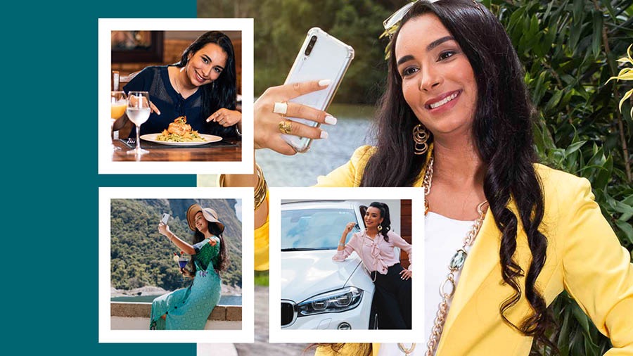 Collage: Pictures of a young sister that she intends to post on social media. 1. She is taking a selfie. 2. She is posing with the meal she ordered at a restaurant. 3. She is taking a selfie while on vacation. 4. She is posing in front of an expensive new car.
